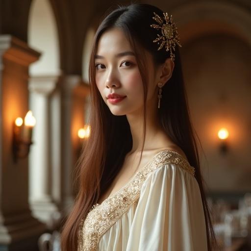 A masterpiece showcasing a young adult woman with long shimmering brown hair. She has a gentle and serene smile complemented by a delicate golden hair ornament. Her porcelain smooth skin and softly rounded features reflect elegance. Wearing an ethereal fantasy gown with ornate embroidery. The setting is a grand candlelit dining hall with stone columns and arched windows, exuding a graceful atmosphere suitable for a high-class event.
