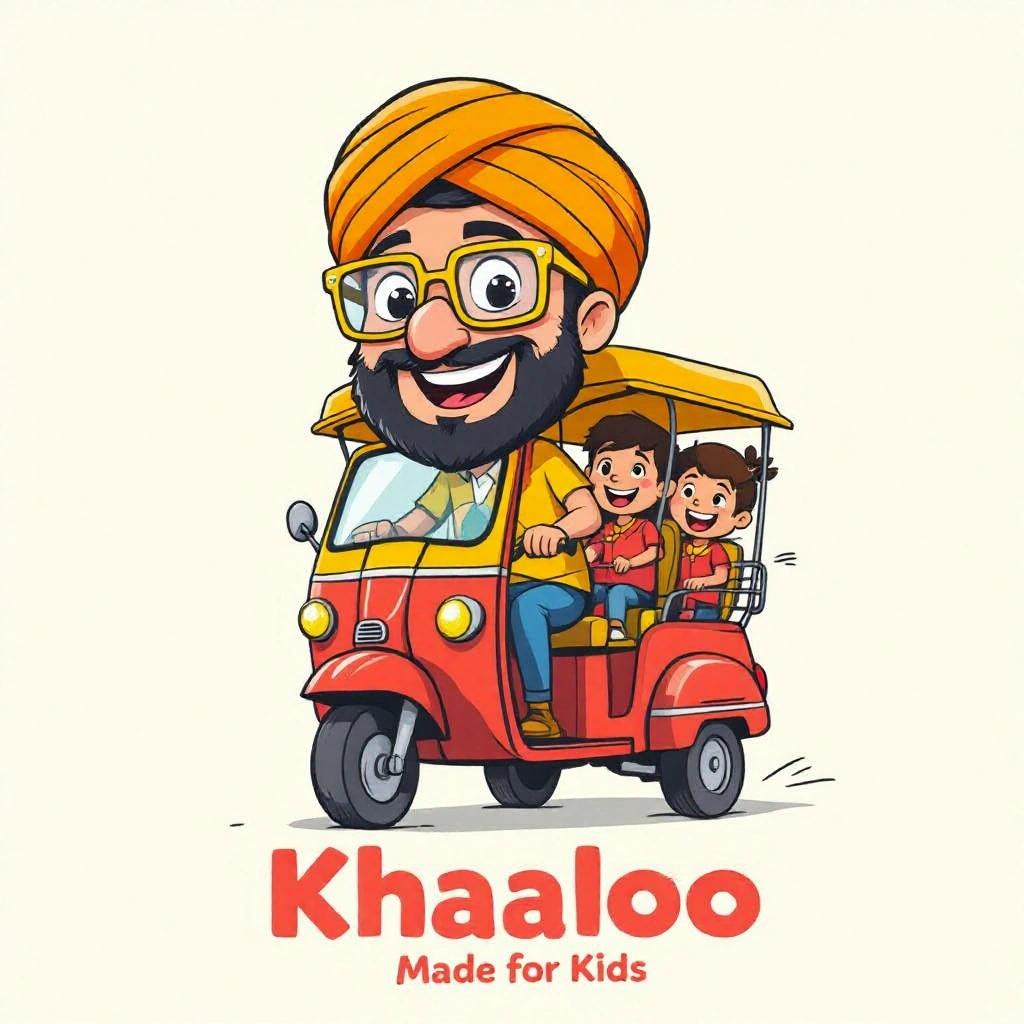 Cheerful cartoon character called Khaal. He is 50 years old. He wears a turban and yellow glasses. His head is out of a red tuk-tuk. Kids are riding with him. Bright logo style with "Khaaloo" and "Made for Kids" written.