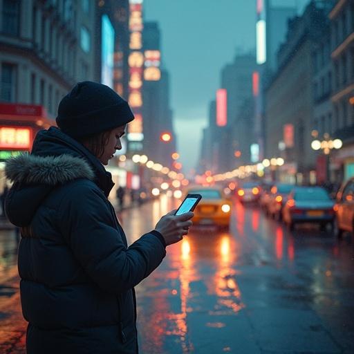 Person stands on a rainy city street using a smartphone. Urban environment creates a modern atmosphere. Reflections of city lights on wet pavement enhance the scene. The person appears engaged with their device.
