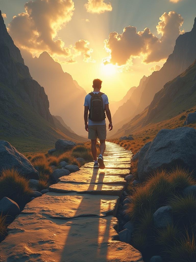 A person walks along a stone path through a valley during sunset. Mountains surround the scene. Warm light illuminates the landscape. The figure carries a backpack and walks towards the horizon.