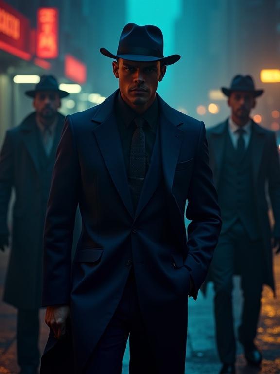 Photorealistic depiction of a handsome New York detective wearing a dark blue suit in a gritty urban setting. Three tough-looking figures create a mysterious atmosphere. Strong contrasts from the neon lighting establish a moody ambiance. The camera captures the scene from a low angle. The atmosphere feels tense.