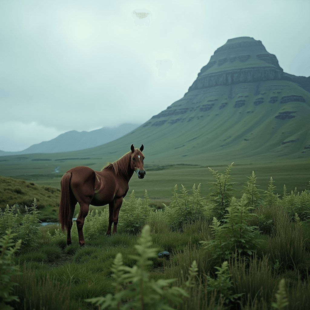 A horse stands amidst lush greenery with a hill in the background on an overcast day.