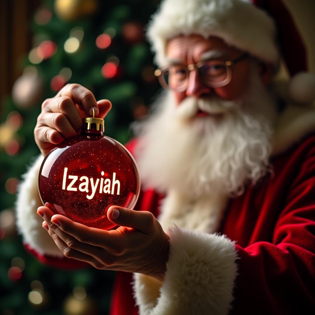 Father Christmas is holding a golden bauble which has the name 'Izayiah' beautifully printed on it. He is dressed in his traditional red suit with white trim and has a long, fluffy beard. The background is softly lit with Christmas lights, creating a festive and warm atmosphere. Santa's expression is joyful and welcoming, embodying the spirit of the holiday season. This image captures the essence of personalized Christmas gifts, making it perfect for holiday promotions.