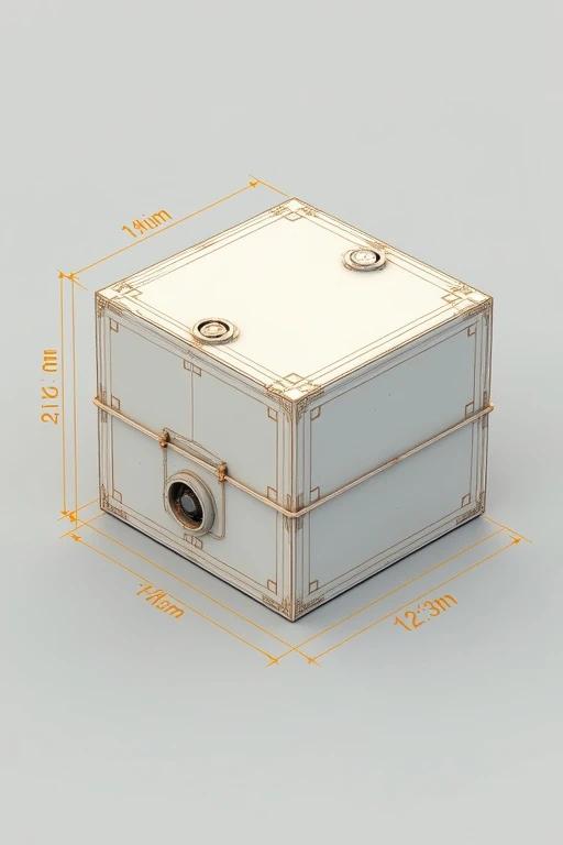 Show outline of rectangular box in isometric view. Include dimensions in inches. Feature measurement lines and notes in yellow on gray background. Highlight orthographic views labeled in metric dimensions. Mark circumferences angles and annotations for radii diameters. Indicate section for sketching isometric view. Provide detailed measurements for manufacturing. The box has three vertical pilot lights colored red, yellow, and green aligned in that order, with a pole extension merged at the bottom.