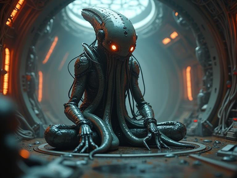 Image of a dark atmospheric cinematic scene featuring an organic tentacle creature with transparent veiny tentacles and glowing eyes. Creature wears a sleek mechanical exo suit with LEDs. Scene set in an alien ship interior filled with glowing pipes and metallic details.