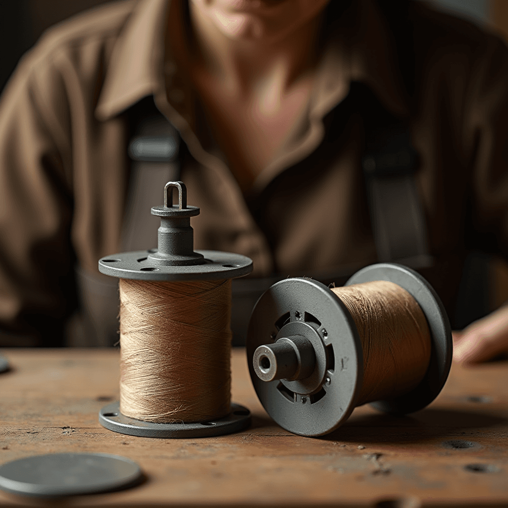 A person sitting at a wooden table with two large spools of thread.