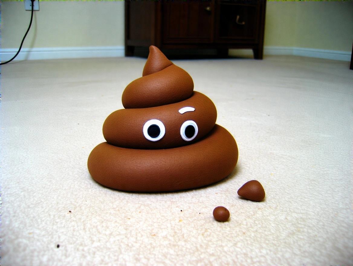 Cartoonish brown poop figure with eyes on a light carpeted floor. Soft indoor lighting around the figure. Focused from eye level. Decorative elements minimal. No people present.
