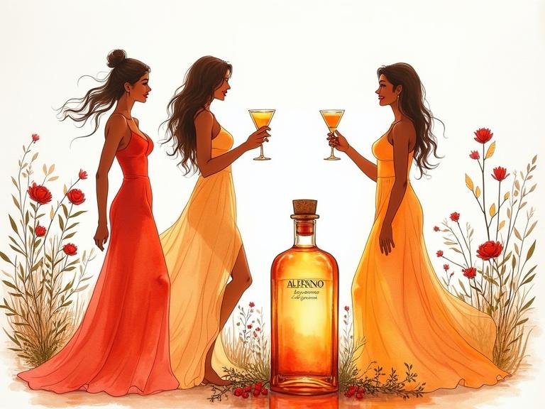 Three silhouettes of beautiful women in golden-reddish dresses stand in a garden. They toast with cocktails. An apothecary bottle labeled ALFRUNO glows nearby among wildflowers. The atmosphere is luxurious and indulgent.