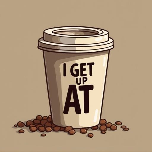 Illustration of a coffee cup. Text I GET UP AT. Cross out AT. Add for 6.