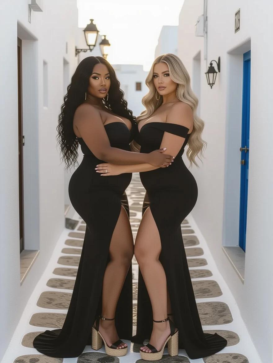 Two curvy women in identical poses. They wear tight black dresses. The location is a narrow alley in Mykonos with white walls. The scene captures the essence of sunrise with lovely light. One woman has long black curly hair while the other has long blonde wavy hair.