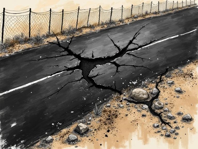 Top-down view of a violently cracked black asphalt road. Broken white lines appear on the road surrounded by rubble. The lower part shows desert soil with fractured terrain. Dust and rock rendered with black brushwork. A bent chain-link fence in a minimal sketched style at the top. Scene drawn in a raw combat sketch style with high contrast. Everything appears smeared and chaotic with motion-filled brush trails.