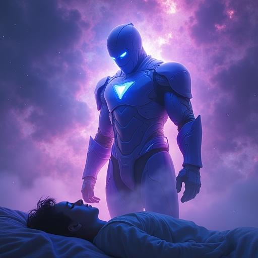A glowing armored silhouette stands protectively over a sleeping figure. Dreamy purple and blue swirls represent a dreamscape. Superhero vibe with cinematic lighting and high resolution.