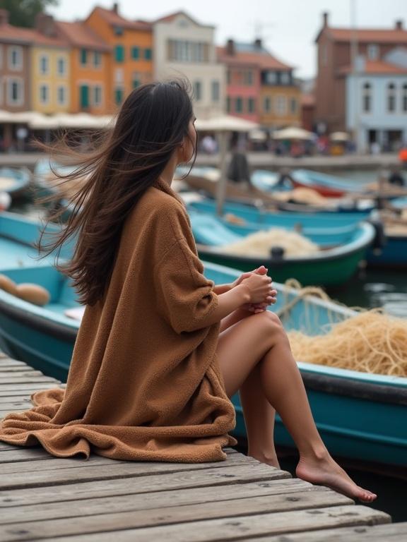 Image of a woman sitting on a wooden pier by the harbor. She is draped in a brown towel. Her long dark hair is blowing in the wind. She is barefoot and has her legs crossed. The pier is surrounded by colorful boats. The background shows buildings with vibrant facades. The atmosphere is calm and peaceful.