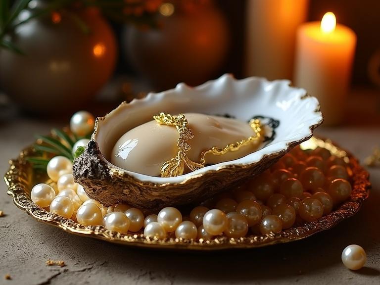 A baroque-style oyster with a nude painting sits on a golden platter. Iridescent pearls overflow around it. Soft candlelight creates a Rococo fantasy ambiance.