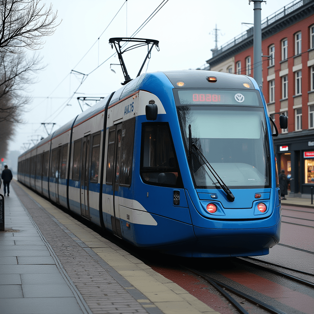 The image features a modern blue tram traveling along urban tracks. The tram has a sleek design with a visible pantograph connecting to overhead wires, indicating its electric power source. It is traveling on a dedicated tramway near sidewalks and a row of trees. The background suggests an urban setting with a multi-story brick building housing shops, highlighted by their illuminated signs. A person can be seen walking along the sidewalk and the weather appears overcast, hinting at a typical morning commute in a city.