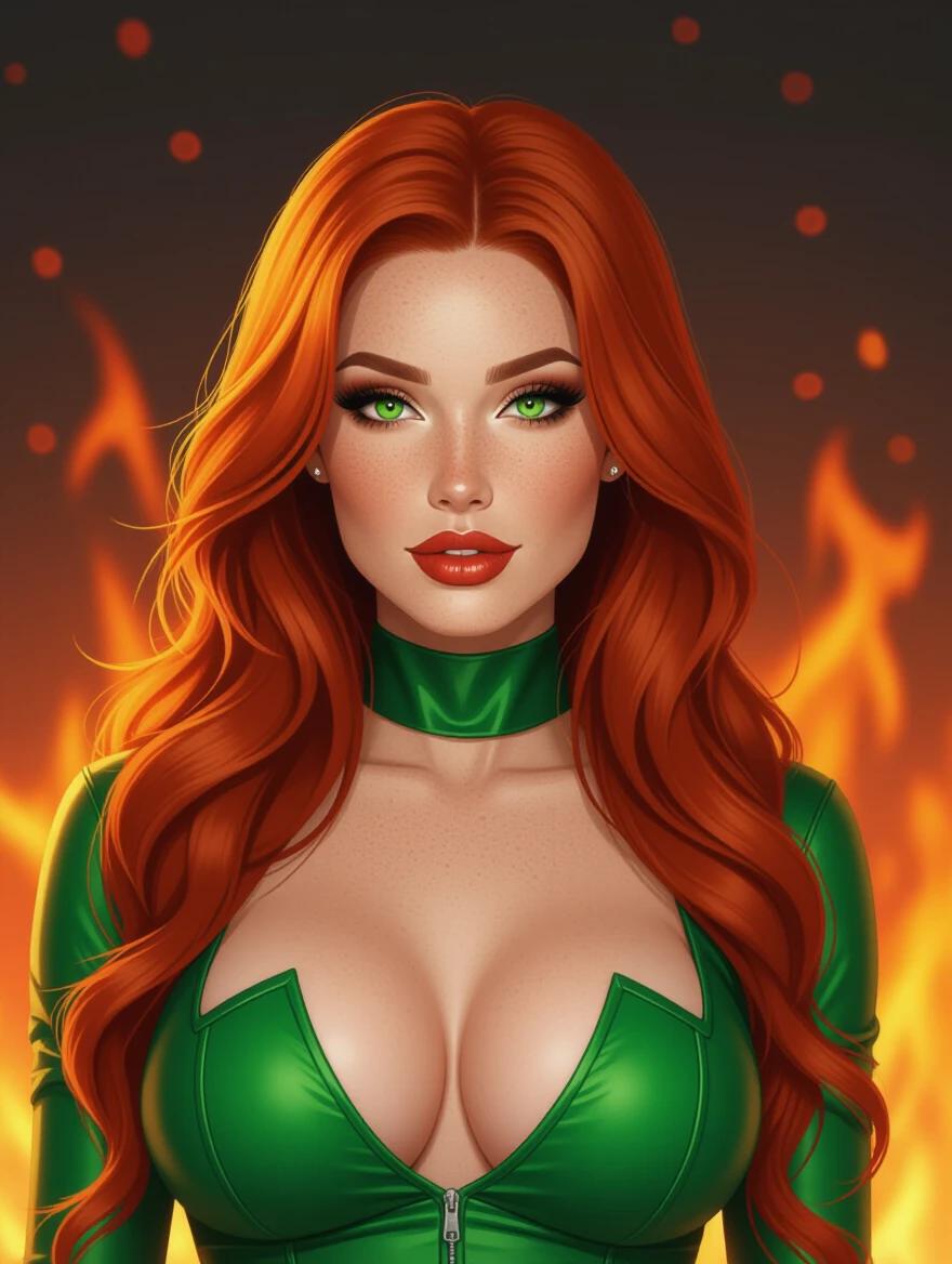 Beautiful Irish woman with long red hair and green eyes large breasts in a latex superhero outfit posed in front of flames