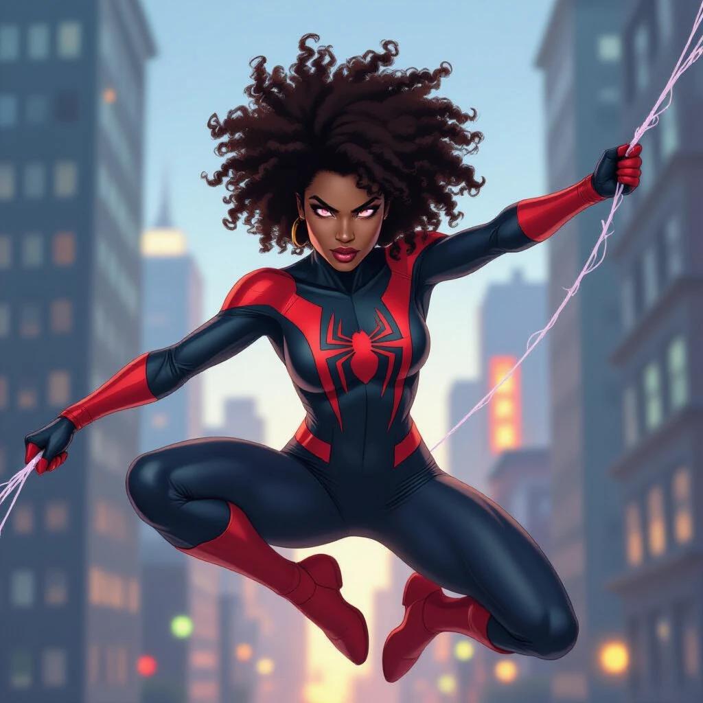Fierce Afro-Caribbean woman in Spider-Woman suit. Natural curly hair styled in a puff. Radiant dark skin with a strong jawline. Jumping pose with glowing web line. City lights in background. Dynamic pose with hyperreal style. Expressive lighting highlights her features.