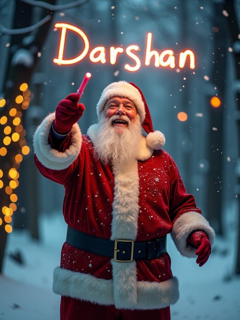 Santa Claus in a snowy forest during Christmas time. Joyfully using a glow stick to write 'Darshan' in the air. Soft falling snowflakes. Warm lights from nearby trees enhance the festive spirit. Traditional bright red coat with white fur trim and black belt. Joyful expression radiates holiday cheer.