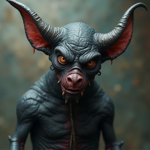 A detailed depiction of an ugly demon with large ears and horns. The character has sharp features and fierce eyes, showcasing a menacing expression. Skin texture appears rough with an array of colors, giving a dark and eerie atmosphere. The background is subtle to enhance the character's presence.
