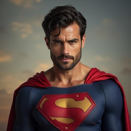 A superhero portrayed in a dynamic pose against a dramatic sky. Costume features iconic colors and symbols associated with superhero themes.