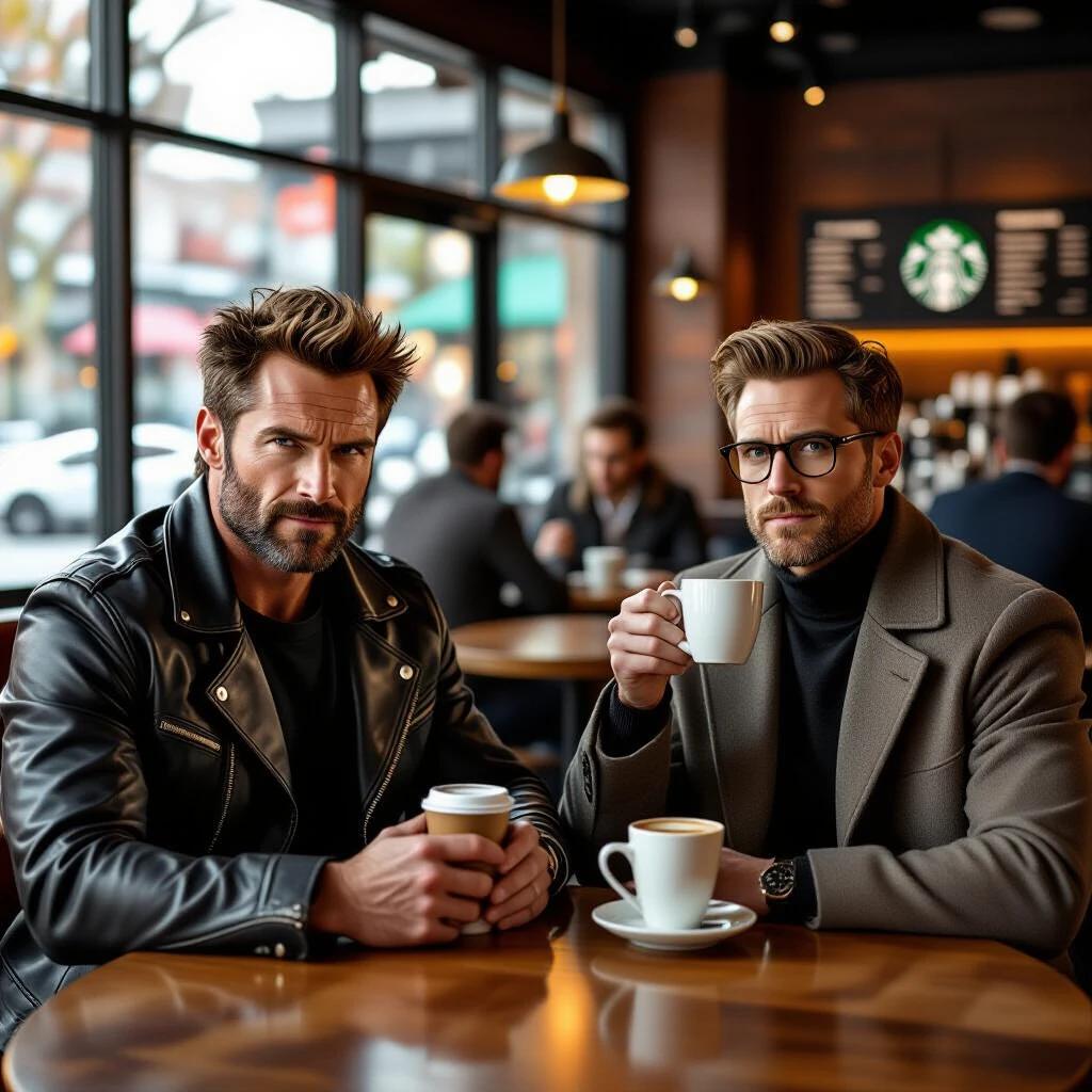 Ultra-realistic photograph of two men seated in a modern Starbucks café. One man is rugged with a leather jacket and a coffee cup. The other is clean-shaven with glasses, sipping from a white mug. The background features Starbucks branding, warm lighting, and wooden furniture. Natural light flows through large windows. Both are captured in sharp focus and centered in the frame.