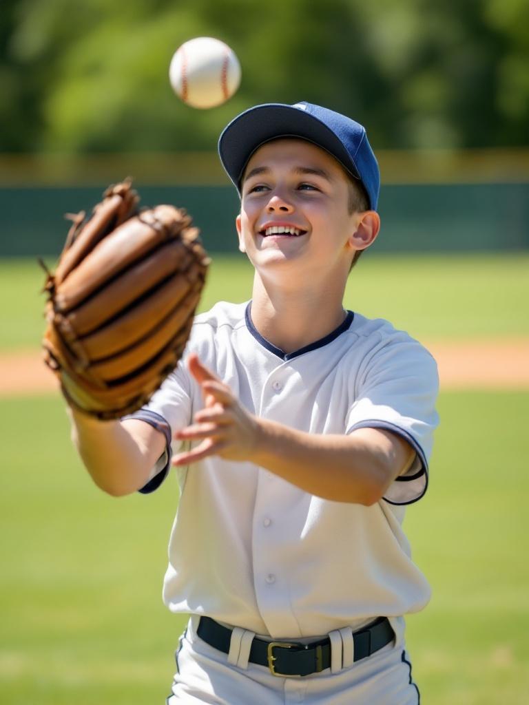 Teen boy catching a baseball in the outfield while wearing a baseball mitt. Sporty attire includes red shirt and white pants with black socks. Natural setting features grassy field and trees in the background.