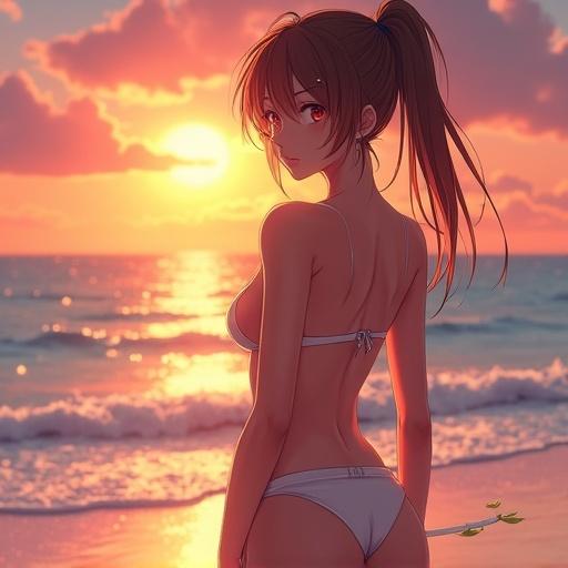 A girl is standing on the beach wearing a white bikini. The scene depicts a sunset with vibrant colors. The character is drawn in Genshin Impact anime style.