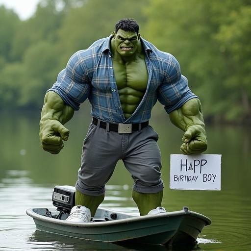 An imposing figure expressed as a muscular green character. Dressed in grey sweatpants and white sneakers. Wearing a blue plaid long-sleeve shirt. Standing on a small boat in a lush green river. Holding a video camera in one hand. Displaying a birthday boy sign. Features an intimidating expression.