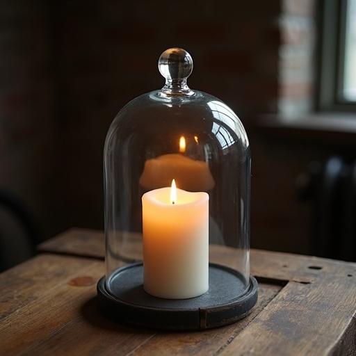 Candle inside glass cloche on wooden table with warm glow. The cloche creates a cozy atmosphere with a unique and industrial design.