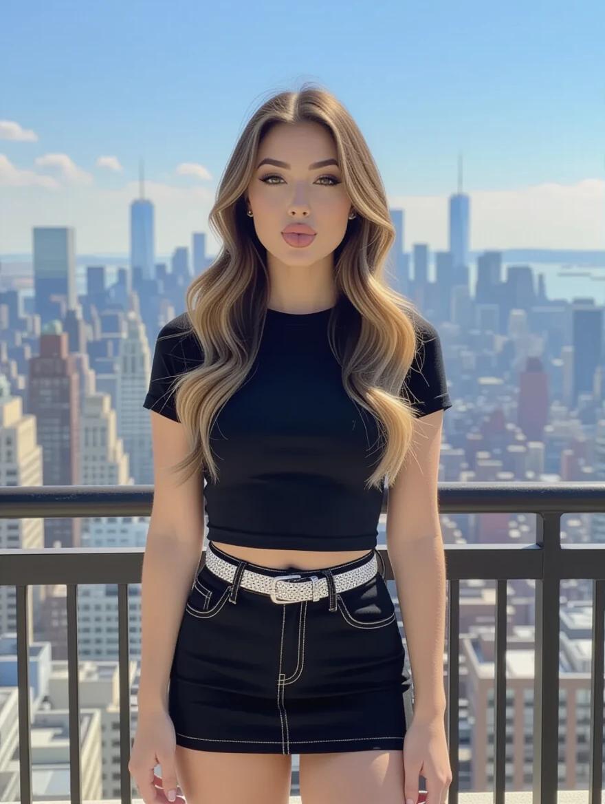 Gen Z woman with long dirty blonde hair. Natural makeup. Wearing a tight black plain t-shirt. Wearing a short black skirt with a silver belt. Standing on a balcony. 1950s cityscape in the background. One hand on her side. Sticking out her tongue. Shot from just above the knees. Strong front light on shirt and face.