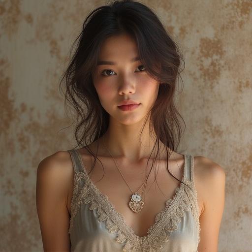 A beautiful Asian woman in a soft and elegant outfit. Realistic portrait from head to foot. Natural lighting enhancing her features.