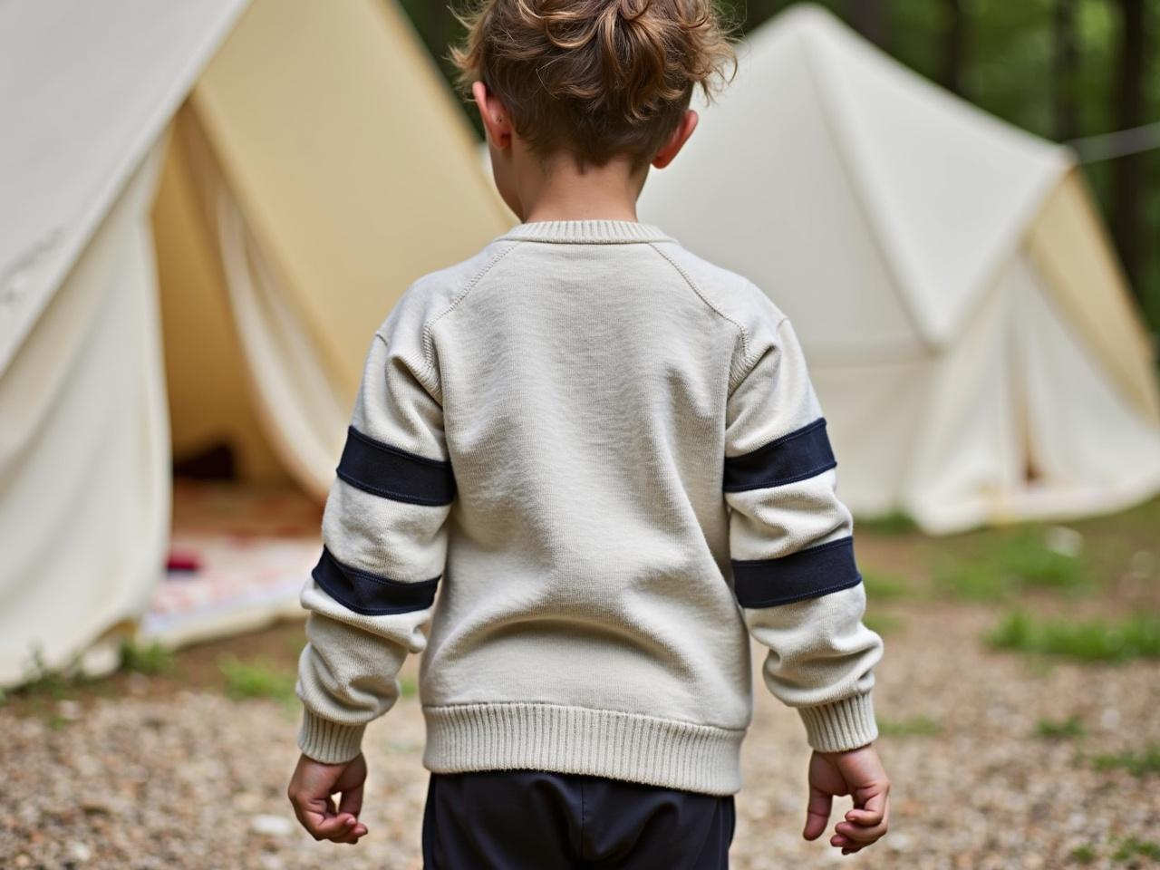 The image shows a child walking in a natural setting, possibly outdoors or near tents. The child is wearing a light-colored sweater, which has a unique design with gathered sleeves. There are black bands around the arms, giving a sporty appearance. The background features tents made of fabric, indicating a camping environment. The ground is covered with small stones and some foliage, contributing to the outdoor ambiance.