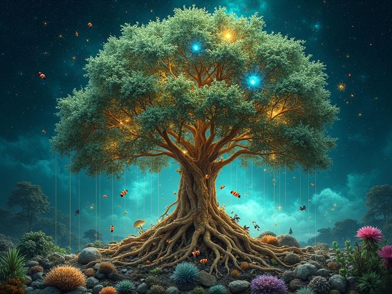 Artistic depiction of a 'Symbiotic Tree of Life' illustrating symbiotic intelligence with luminous roots and detailed bacteria. The trunk has lichens and cells showing mitochondria. Middle branches have clownfish and ants. Upper branches display pollination scenes with bees and butterflies. Soft light flows connect elements, set in a vibrant and cosmic background, evoking harmony and interconnectedness.
