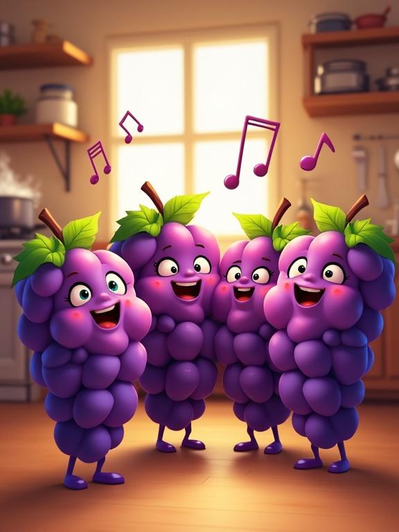 Vibrant playful cartoon illustration of animated grape characters in a cozy kitchen. Grapes have cute faces and are singing with arms raised. Kitchen features wooden countertops and a stove. Bright colors like deep purples and greens. Musical notes in the air.