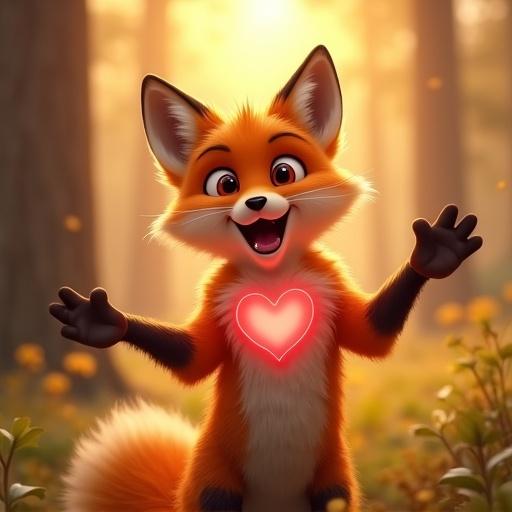 Photorealistic CGI fox in enchanted forest at sunset. Fox has russet-orange fur, creamy chest tuft. Arms wide and mouth open in joy. Heart stretches from chest, same color as fur. Visible fur distortion. Background blurred, warm sunlight with floating motes. Emphasizes emotional outburst.
