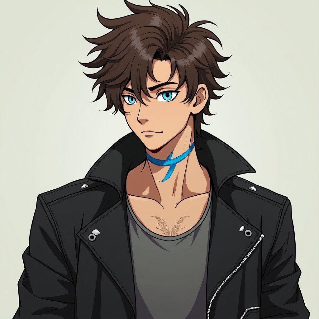 Cyborg man with brown fluffy hair and sky blue eyes in a leather jacket. He has a tang top underneath and visible muscular build. Blue markings on the neck, set in a cyberpunk world of 2825.