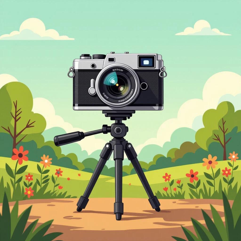 Illustration showing a small camera placed on a tripod. Camera features a prominent lens. Background includes a scenic view with trees and flowers.