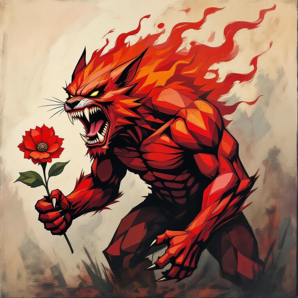 A fierce, snarling beast mid-roar. It has sharp, broken-glass teeth. The body appears to be made from brushstrokes of red fire and geometric shapes. In its claws is a flower it guards fiercely. The chaos of expressionism depicts violently gestural lines and raw color energy, inspired by notorious artists.