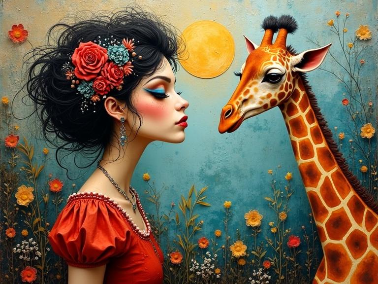 Masterpiece multi-layered artwork featuring woman and giraffe in harmonious colors. Encaustic mixed media reminiscent of Howard Finster and others. Intricate whimsical details.