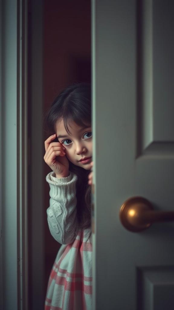 A young child peeks from behind a partially open door, her eyes wide with curiosity and a hint of shyness. The soft lighting casts gentle shadows, adding an element of mystery and warmth. Her attire is cozy and perfectly complements the intimate and homey setting.