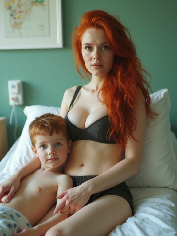 A red-haired woman sitting on a hospital bed with a boy beside her. The boy is shirtless and looks unwell. Dimly lit room. Natural light accentuates their features. Woman wears a bra and shorts. Image appears pixelated.