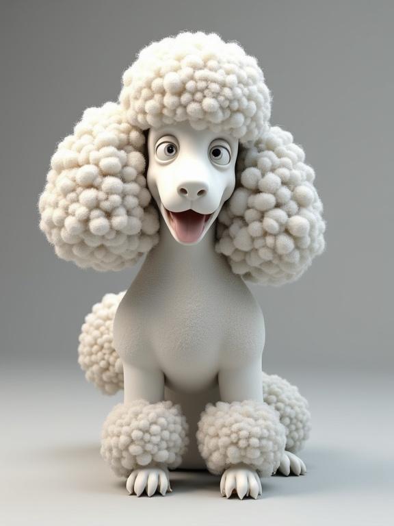 Highly detailed 3D printed bust of a poodle dog. Ornate, fantastical hairstyle with swirling curls and fluffy tufts. Smooth texture creates a soft appearance. Wagging tail adds expressiveness. Ideal for decoration.