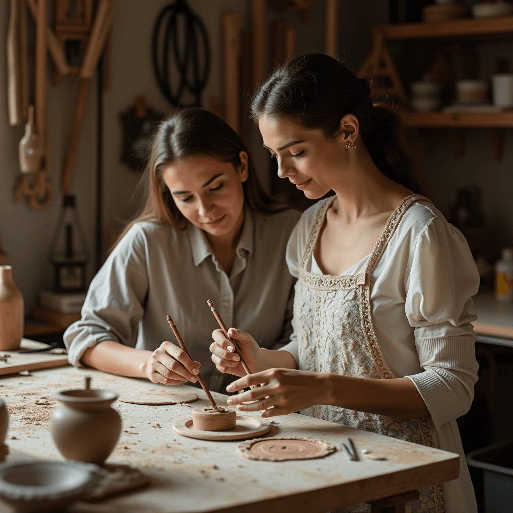 The image depicts two women engaged in creating pottery in a warmly lit studio. They are seated at a workbench filled with clay and pottery tools. One woman is guiding the other, showcasing a teacher-student dynamic as they work on a small clay piece with concentration. The setting is cozy, with wooden shelves displaying various pottery items and tools, contributing to the artistic atmosphere.