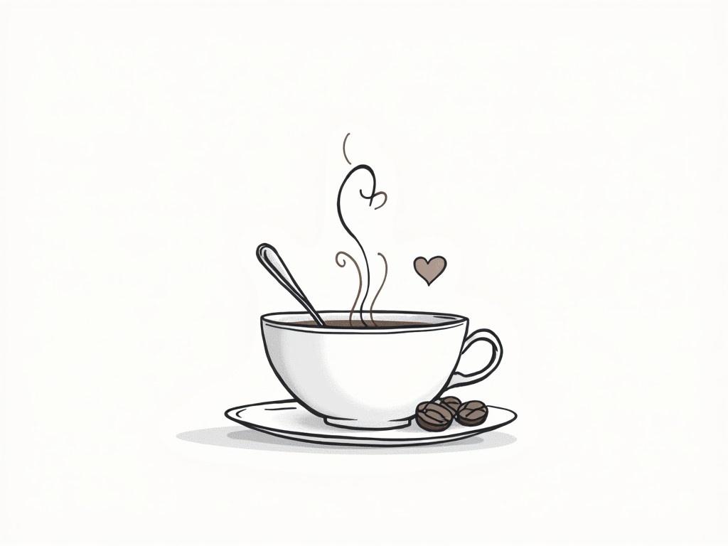 A minimalist and elegant drawing of a coffee cup with steam rising from it, capturing the essence of coffee love. The cup has a gentle curve with a spoon resting inside it, showcasing a smooth texture. Next to the cup, there are two coffee beans arranged artfully on a small plate. A heart shape is subtly integrated into the design, emphasizing the affection for coffee. The entire illustration is in black and white, enhancing its artistic appeal.