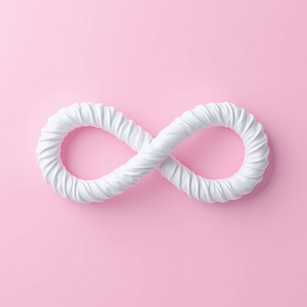 A white infinity symbol with a pillow-like texture on a soft pink background.