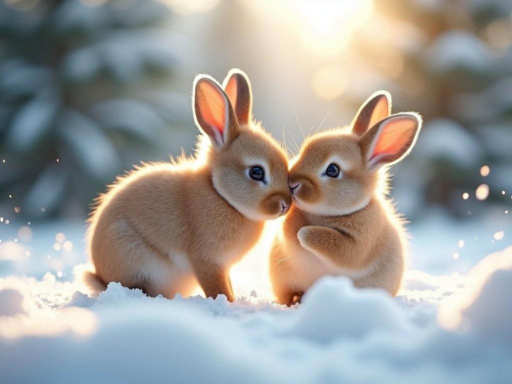 This image features two adorable bunnies in a snowy landscape. They are close together, touching noses in a moment of affection. The soft, fluffy fur of the bunnies is highlighted against the bright white snow. In the background, soft snow-covered trees create a tranquil winter atmosphere. The warm, gentle lighting enhances the charm of the scene, making it feel magical and cozy. This image captures the beauty of winter and the tenderness of these playful animals.