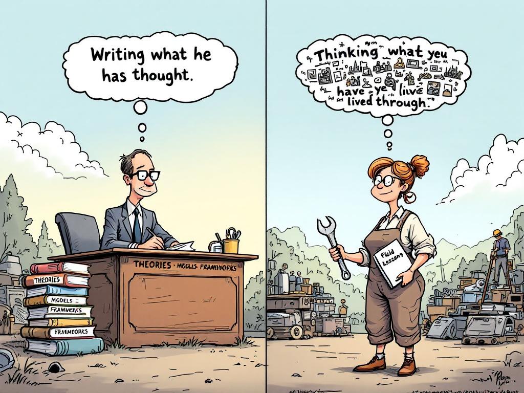 Landscape cartoon depicting two contrasting characters. On the left, an academic man in a suit writing at a desk surrounded by books labeled 'THEORIES', 'MODELS', and 'FRAMEWORKS'. He has a thought bubble filled with equations and abstract symbols. On the right, a woman in practical work attire holding a wrench and report titled 'Field Lessons' in a workshop. Her thought bubble contains scenes from real-life experiences. Labels above each character contrast their approaches. Attribution in the bottom right corner.