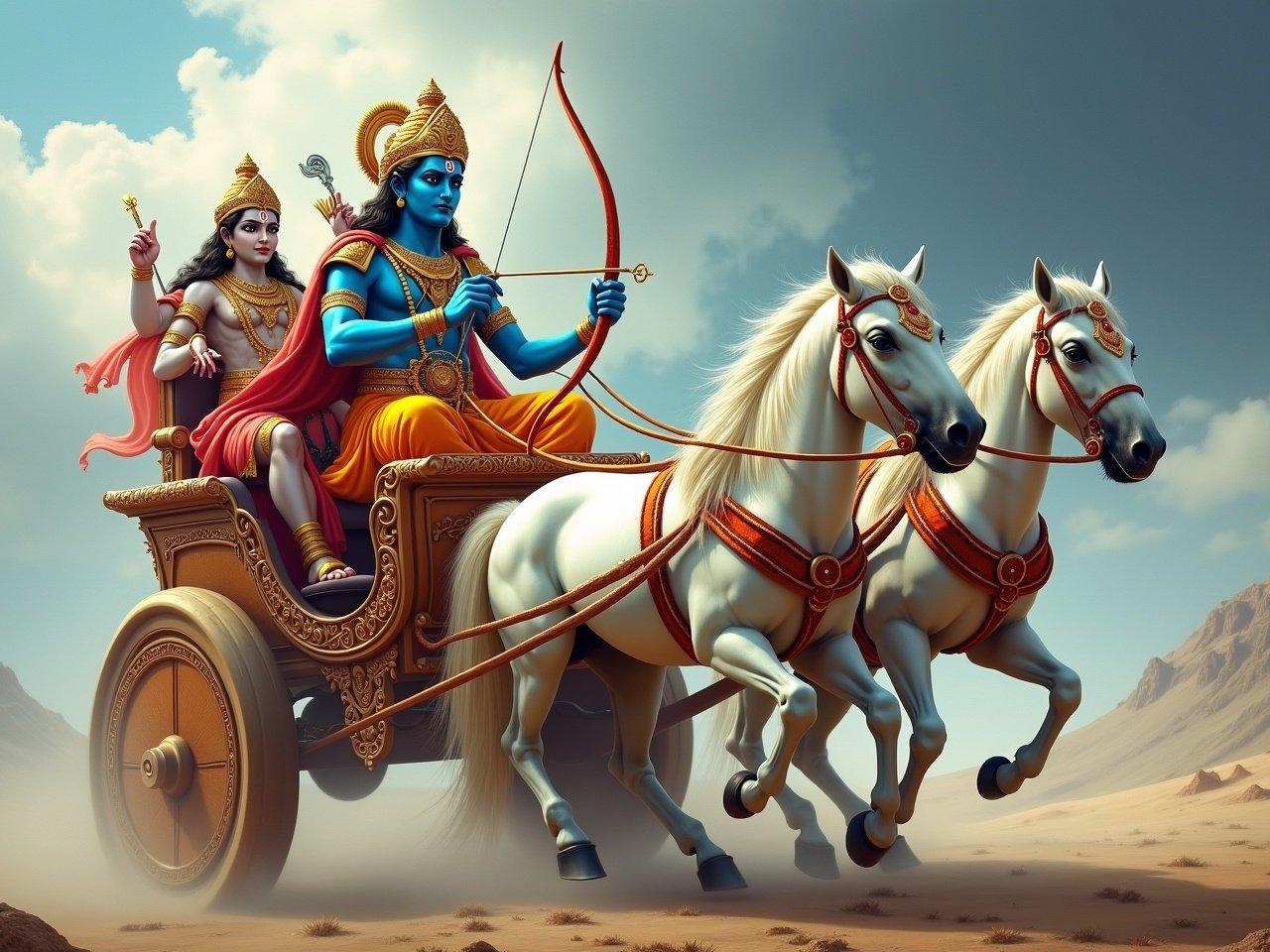 The image depicts a vibrant scene featuring two divine figures in a chariot pulled by white horses. One figure, with a bow in hand, has blue skin and is adorned in colorful clothing, while the other figure has a more warrior-like appearance, with elaborate armor and accessories. The chariot is richly decorated, showcasing intricate designs and traditional motifs. The background features a cloudy sky, adding a dramatic effect to the scene. The overall atmosphere conveys a sense of action and spirituality, illustrating a moment of significance between the two characters.