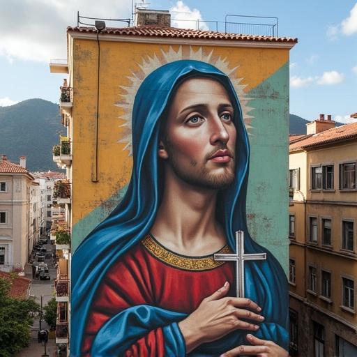 Mural of Christ on a wall in a Brazilian favela. Aerial view over the favela with the mural in the background.