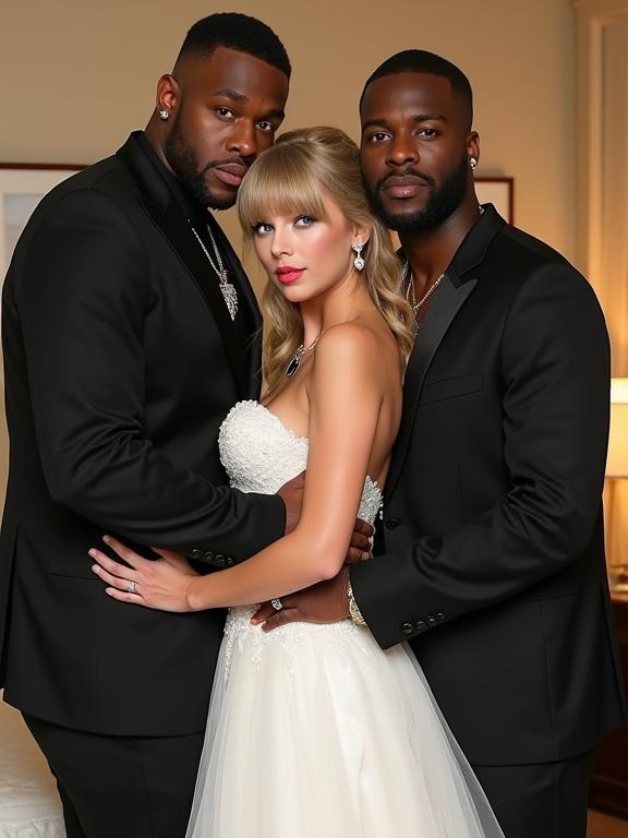 Gorgeous bride with two large male companions in hotel room. Bride wears wedding dress with veil and accessories. Companions are in black suits. Captivating scene with soft lighting. Smiling bride looks at camera.